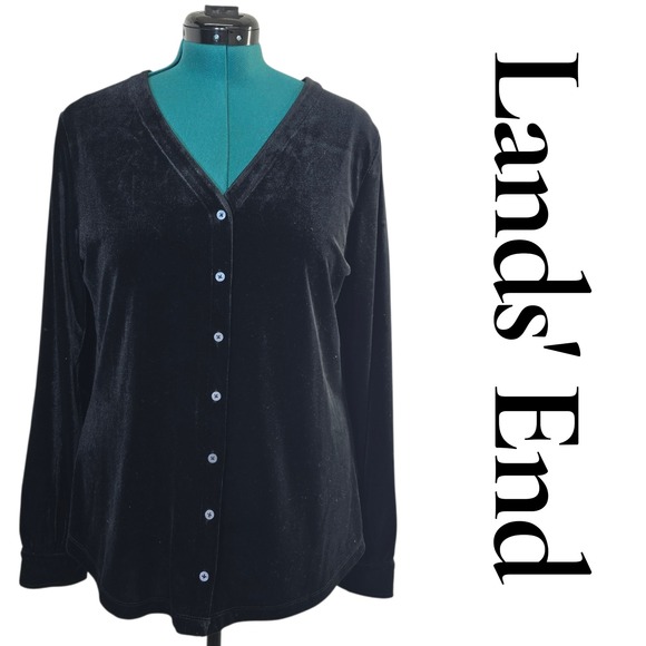 Lands' End Sweaters - Lands' End‎ Cardigan Women L Black Velvet Poly Blend V-Neck Button Front Classic
